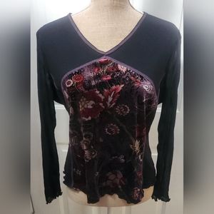 NWT Worthington Purple Floral Velvet & Black Mesh Blouse Size L